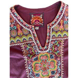 Johnny Was Maroon Embroidered Slot V - Neck Cotton Tunic Tee XS